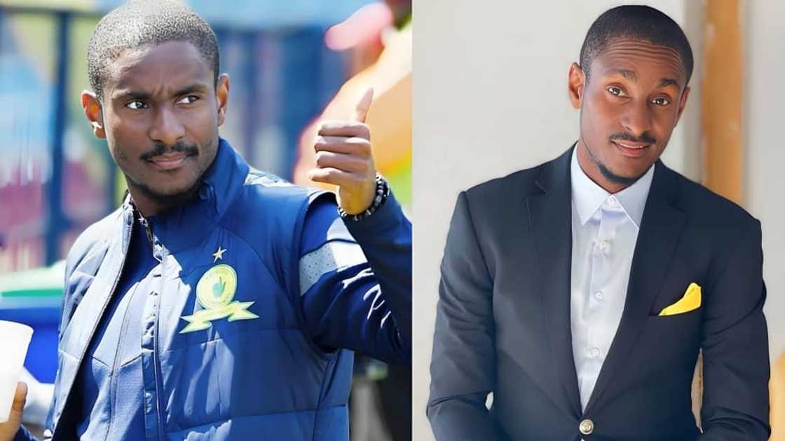 Rhulani Mokwena with a blue half-sleeved jacket and black suit Rhulani Mokwena with a blue half-sleeved jacket and black suit