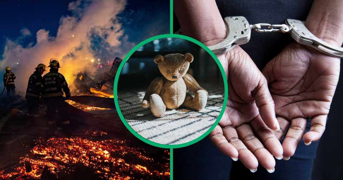 A collage image a of firefighters putting out a fire, a teddy bear and a woman in handcuffs A collage image a of firefighters putting out a fire, a teddy bear and a woman in handcuffs