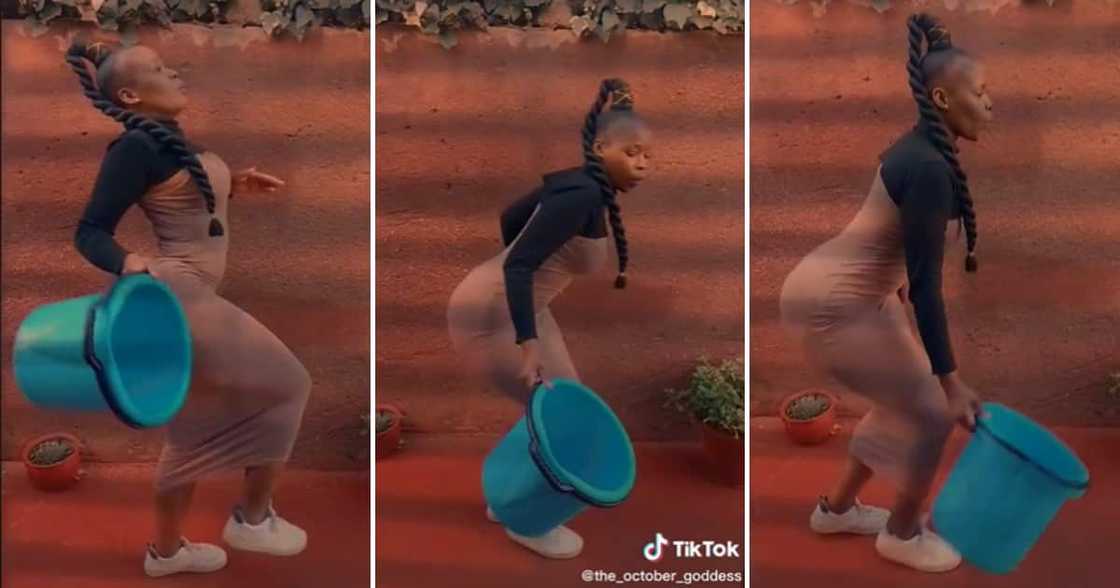 TikTok user @the_october_goddess dancing with a bucket