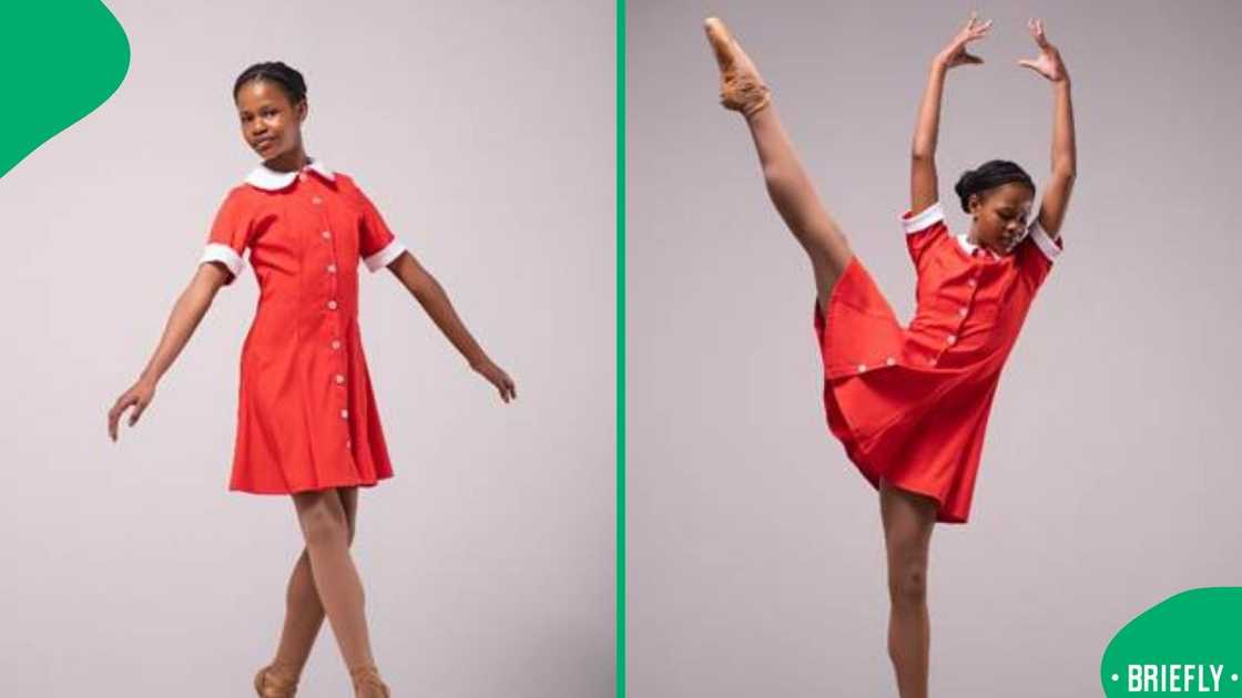 Wearing a red dress, 14-year-old Unathi showcased her impressive flexibility and classical form during a professional ballet photo shoot