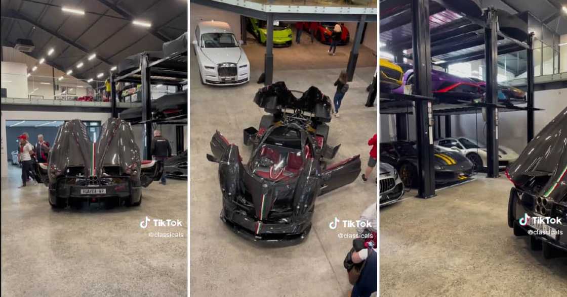 A Lamborghini, Ferrari and Mercedes can be seen in the background of the warehouse. A Lamborghini, Ferrari and Mercedes can be seen in the background of the warehouse.