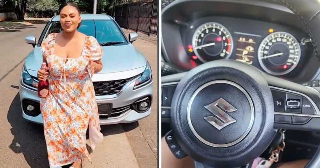 Young woman flexes buying a brand new car.