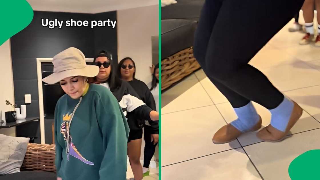 A group of friends had fun at their 'ugly shoes' party. A group of friends had fun at their 'ugly shoes' party.