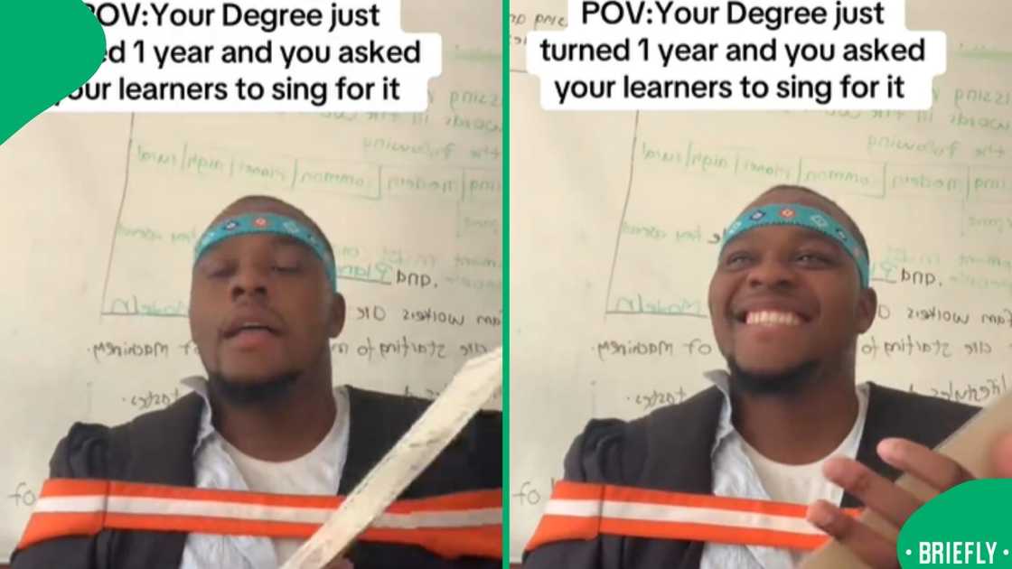 Meneer Mapela on the right smiling as his pupils sang for him