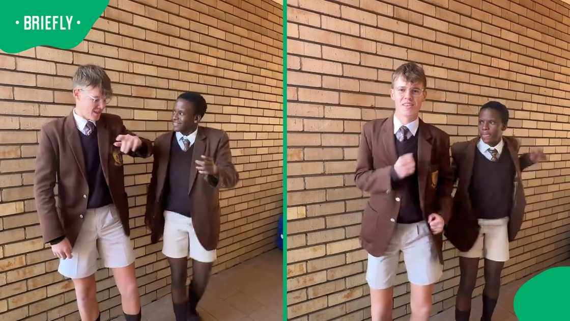 Two schoolboys in brown blazers, ties and white shorts dance together against a brick wall in a split-screen image, captured from a viral TikTok video. Two schoolboys in brown blazers, ties and white shorts dance together against a brick wall in a split-screen image, captured from a viral TikTok video.