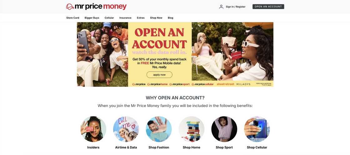 Mr Price open account' home page Mr Price open account' home page