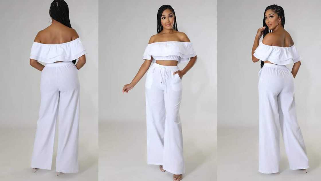 Two-piece high-waisted pants and off-shoulder crop top Two-piece high-waisted pants and off-shoulder crop top