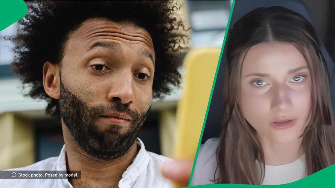 A man with raised eyebrows looking at his phone and an American woman finding "ugly" spots in South Africa. A man with raised eyebrows looking at his phone and an American woman finding "ugly" spots in South Africa.
