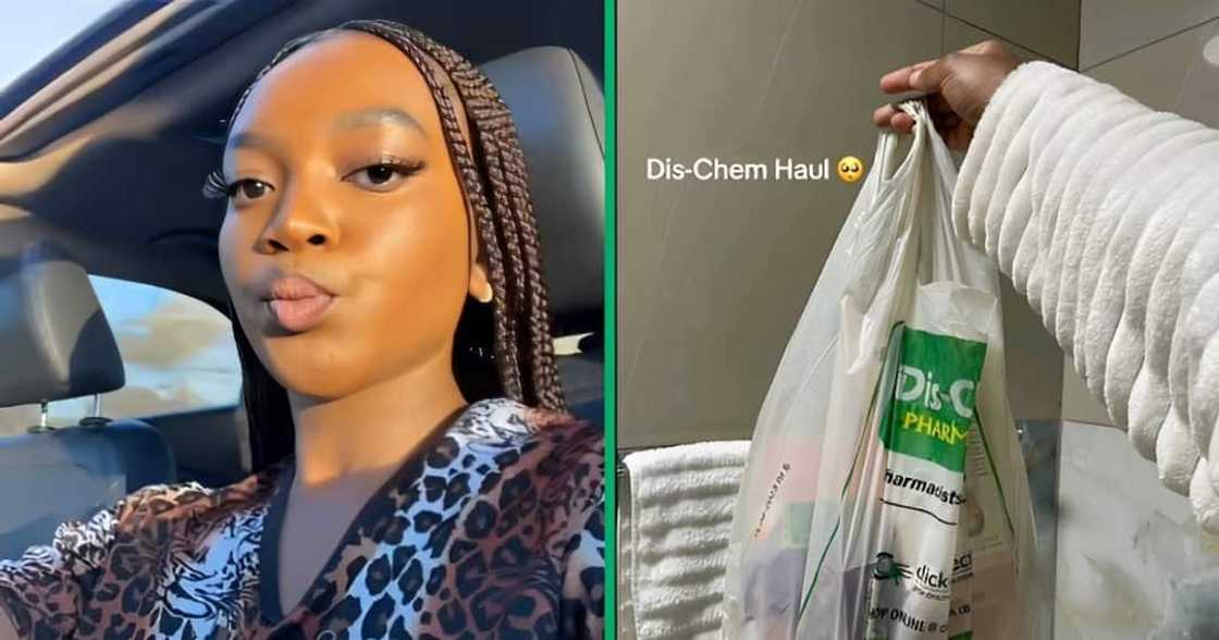 A TikTok video shows a woman unveiling her skincare products from Dis-Chem.