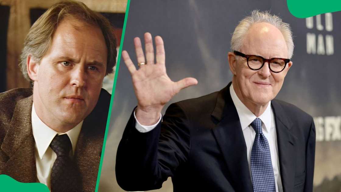 John Lithgow as Reverend Shaw Moore (L). The actor during The Old Man Season 1 NYC Tastemaker Event in 2022 (R) John Lithgow as Reverend Shaw Moore (L). The actor during The Old Man Season 1 NYC Tastemaker Event in 2022 (R)