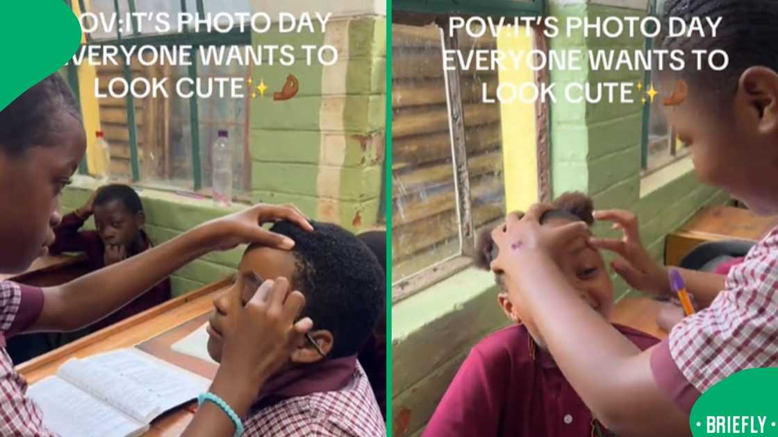 The image on the right showed a learner getting her hair done in class The image on the right showed a learner getting her hair done in class