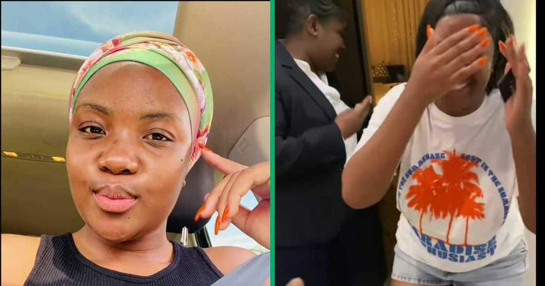 Woman surprised by her man on her birthday Woman surprised by her man on her birthday