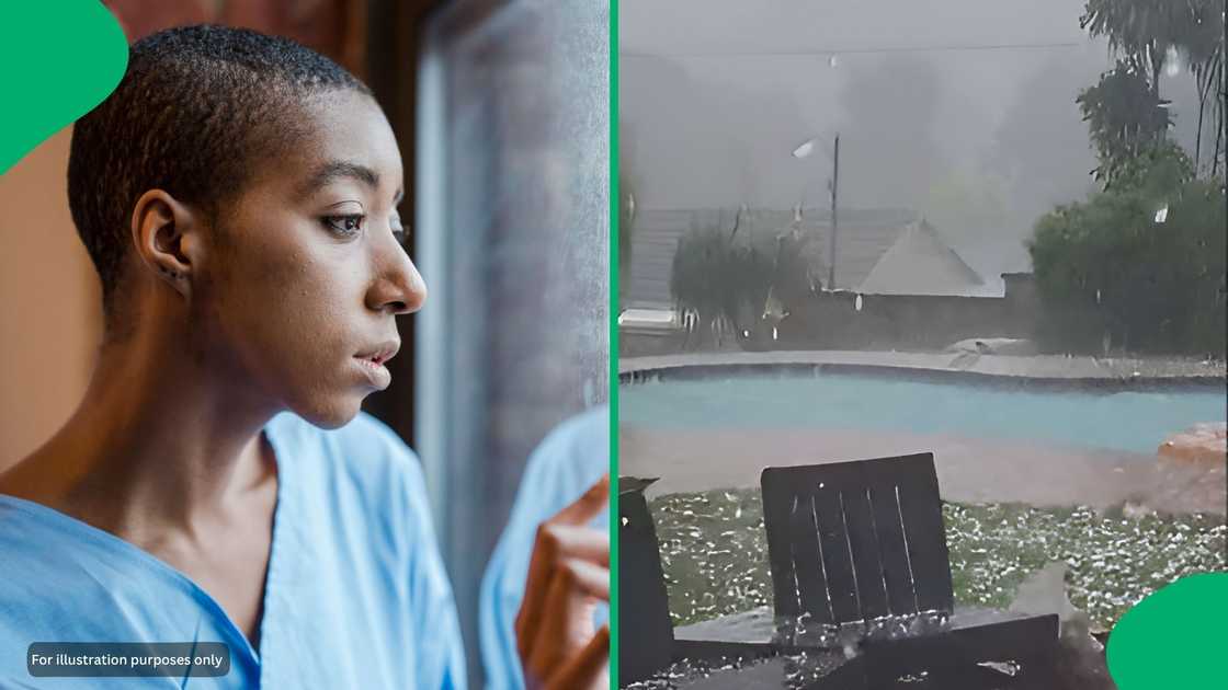 The deluge completely carpeted the pool area and lawn in white ice, sparking widespread reaction online