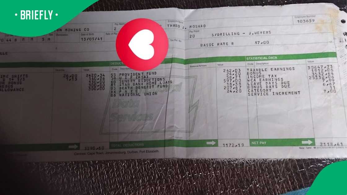 The image showcased the pay slip of a her late father, working in drilling