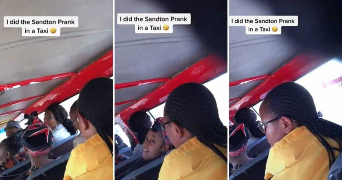 A young woman riding in a Mzansi taxi recorded doing the Sandton prank on the other passengers and they fell for it. A young woman riding in a Mzansi taxi recorded doing the Sandton prank on the other passengers and they fell for it.