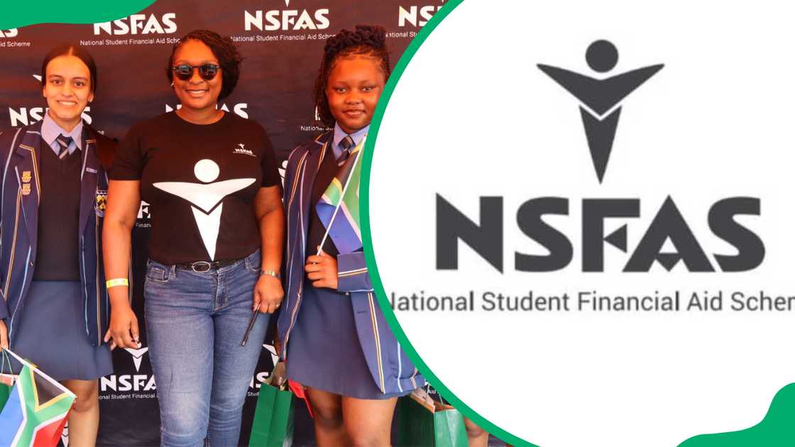 Students with NSFAS staff and the official logo