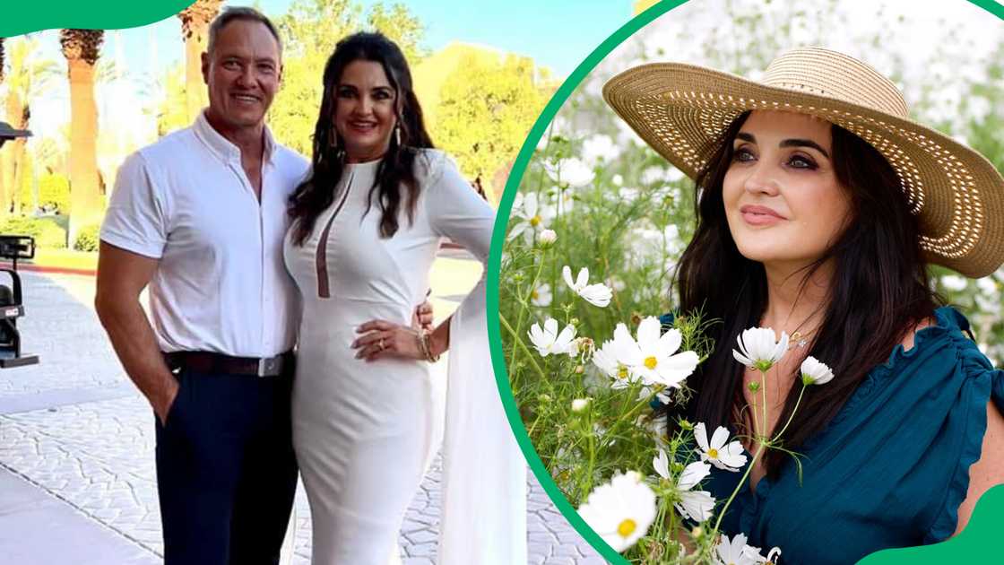 Renske Lammerding and her ex-husband hugging closely (L). Renske posing in a flower garden (R).