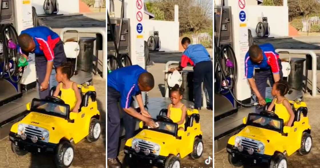 Little girl at petrol station in toy Jeep