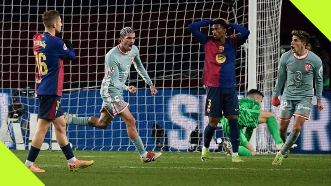 Rodrigo De Paul celebrates after scoring Atletico Madrid's 2-1 win over FC Barcelona in the Spanish La Liga. Rodrigo De Paul celebrates after scoring Atletico Madrid's 2-1 win over FC Barcelona in the Spanish La Liga.