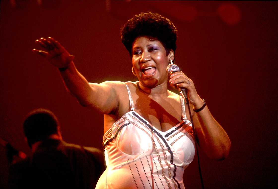American musician Aretha Franklin performs on stage at the Park West Auditorium in Chicago