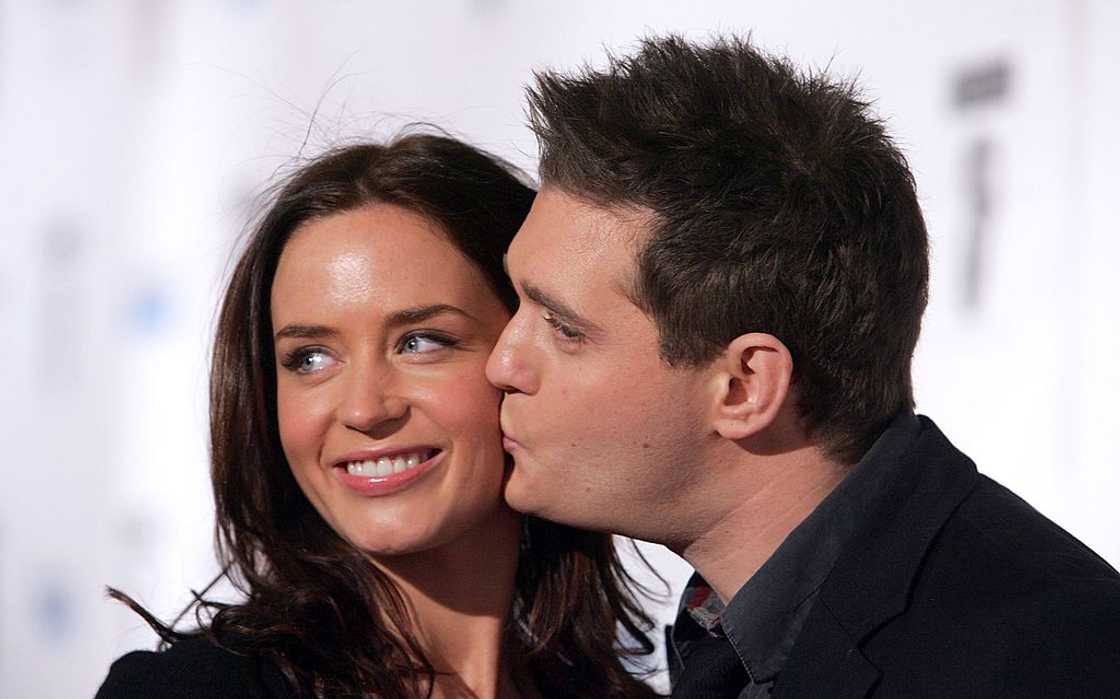 Actress Emily Blunt and musician Michael Buble at the Four Seasons Hotel in Beverly Hills, California.