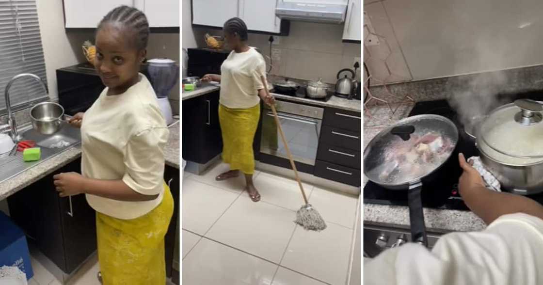 A dedicated wife cooking for her man late at night while he works