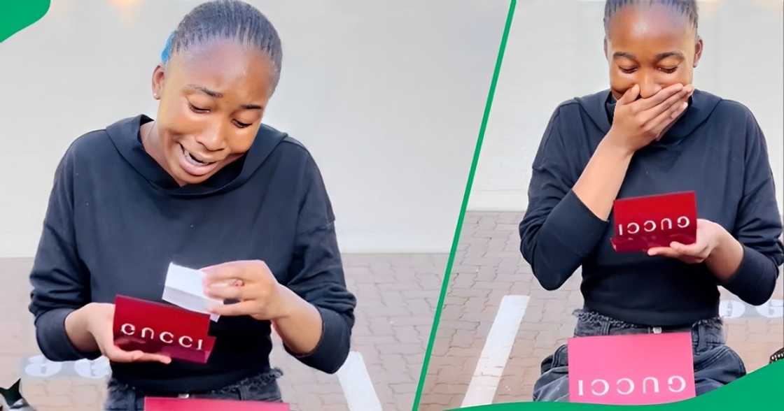 A woman emotional after getting a Gucci present A woman emotional after getting a Gucci present