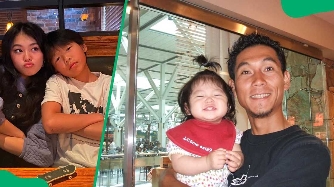 Momona and her brother posing for a photo (L). Tamada as a child with her dad (R) Momona and her brother posing for a photo (L). Tamada as a child with her dad (R)