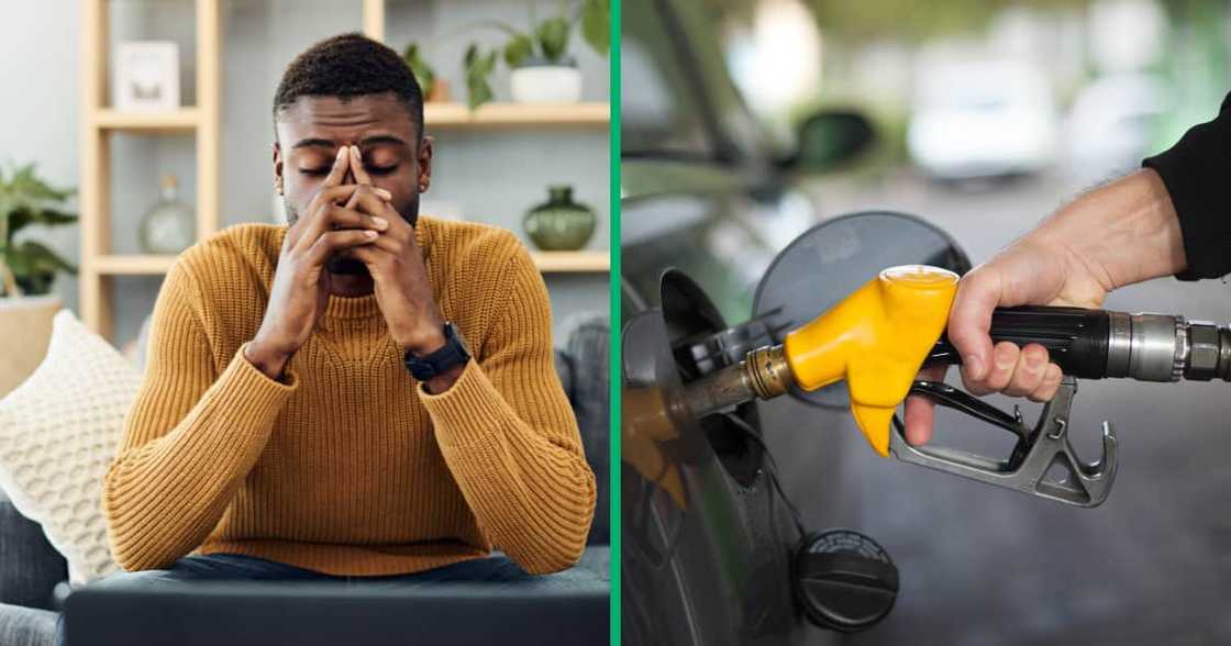 Collage image of a man stressed and some filling a car with petrol Collage image of a man stressed and some filling a car with petrol