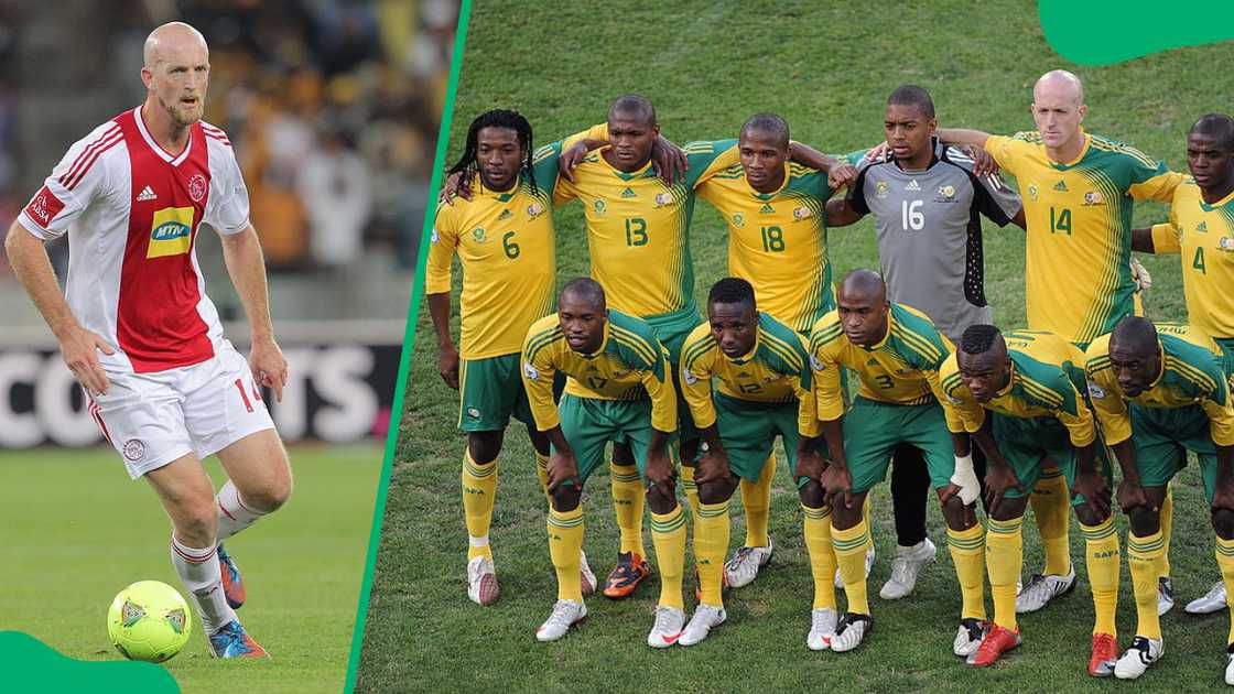 Matthew Booth at the Cape Town Stadium in 2013 (L). The South African national team at the Ellis Park Stadium in 2009 (R)