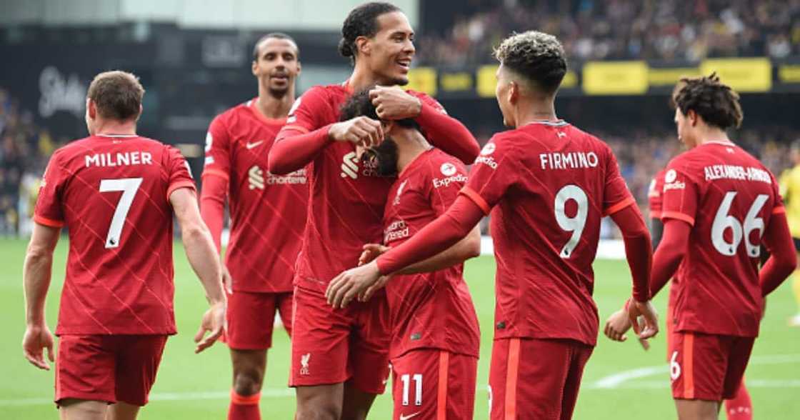 Mohamed Salah of Liverpool celebrates after scoring the fourth goal 0-4 during the Premier League match between Watford and Liverpool at Vicarage Road on October 16, 2021 in Watford, England. (Photo by John Powell/Liverpool FC via Getty Images)