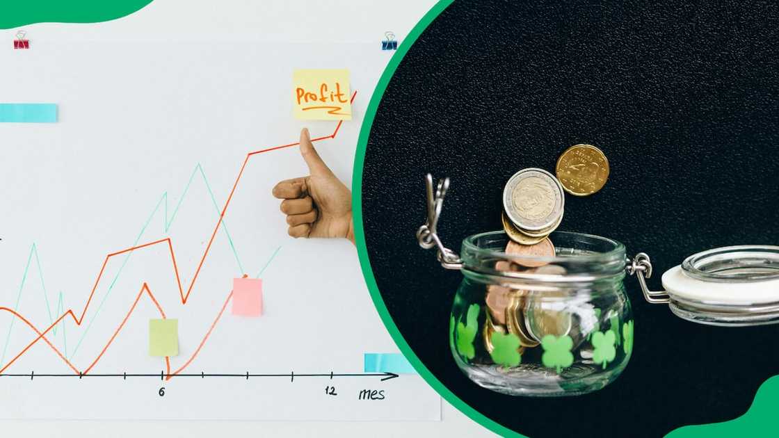 A profit chart and coins in a jar