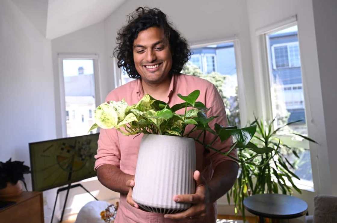 Vincent Nallatamby holds his Neo Px plant at his home in San Francisco, California Vincent Nallatamby holds his Neo Px plant at his home in San Francisco, California