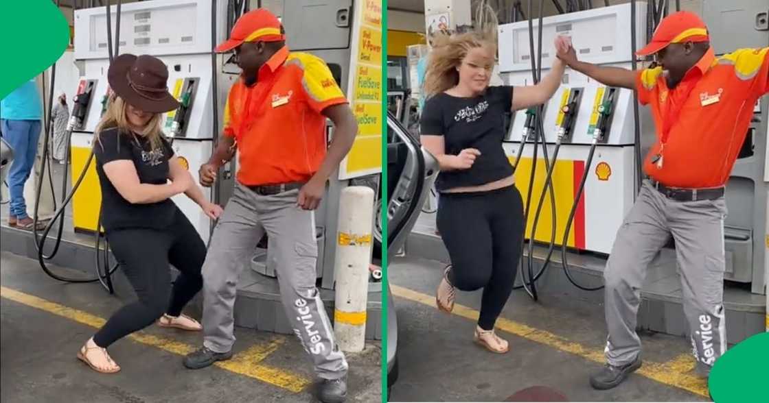 Two Mzansi people having a dance off at a petrol station