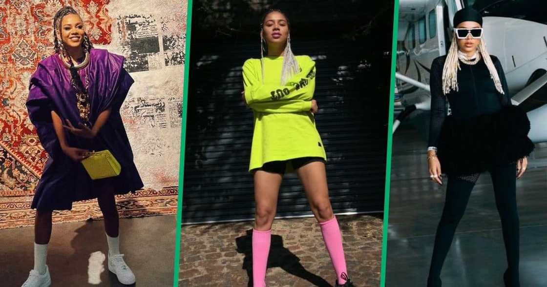 Musician Sho Madjozi posing with full body shots.