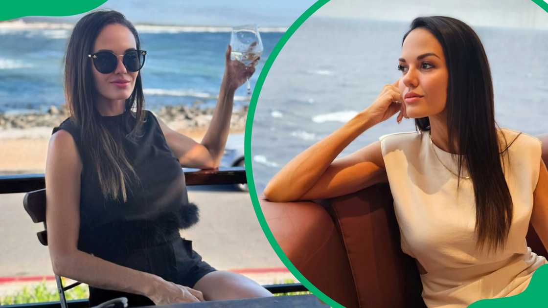 Rhona Erasmus sitting at an outdoor table and holding a wine glass (L). The TV personality resting her chin on her hand (R). Rhona Erasmus sitting at an outdoor table and holding a wine glass (L). The TV personality resting her chin on her hand (R).