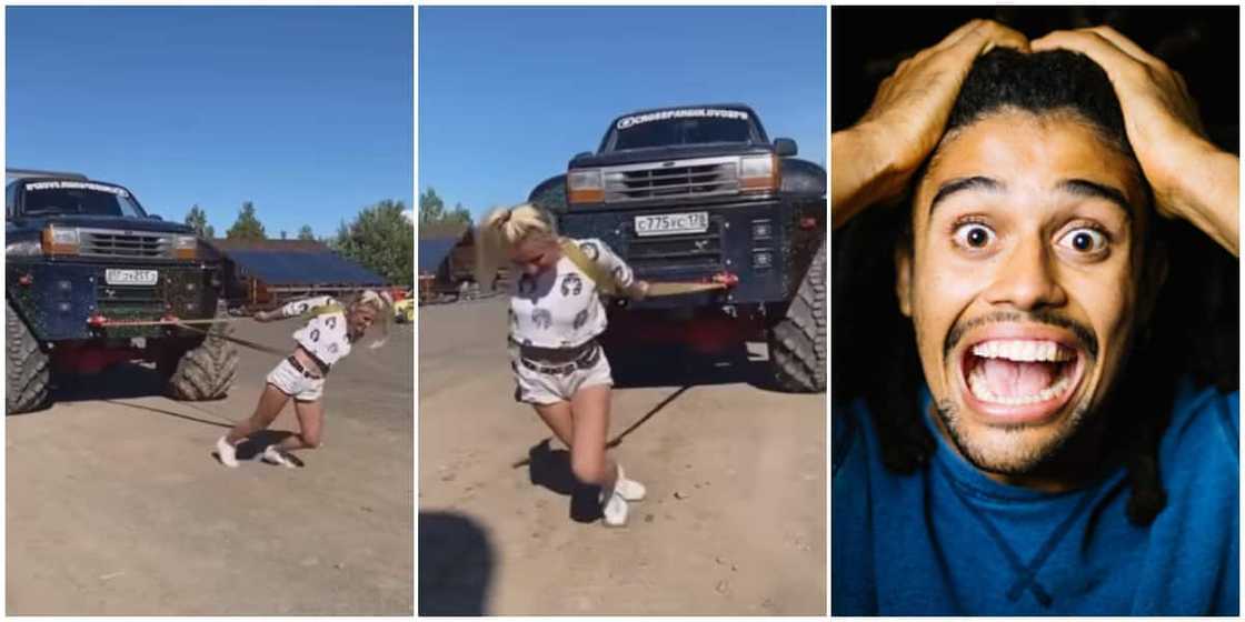 Stunning video shows Oyinbo lady pulling big car with only ropes Stunning video shows Oyinbo lady pulling big car with only ropes