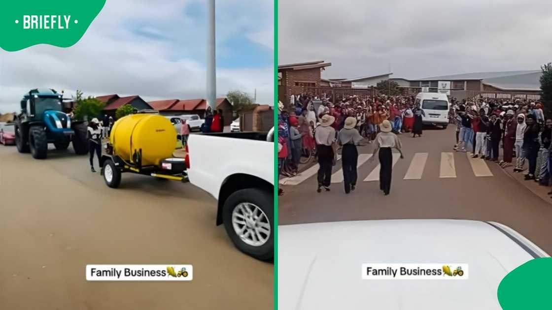 A pupil travelled in a farm tractor to their matric dance. A pupil travelled in a farm tractor to their matric dance.