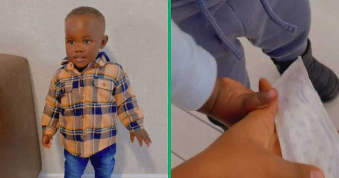 A TikTok video shows a mischievous child hiding his mother's sanitary pad in his pants. A TikTok video shows a mischievous child hiding his mother's sanitary pad in his pants.