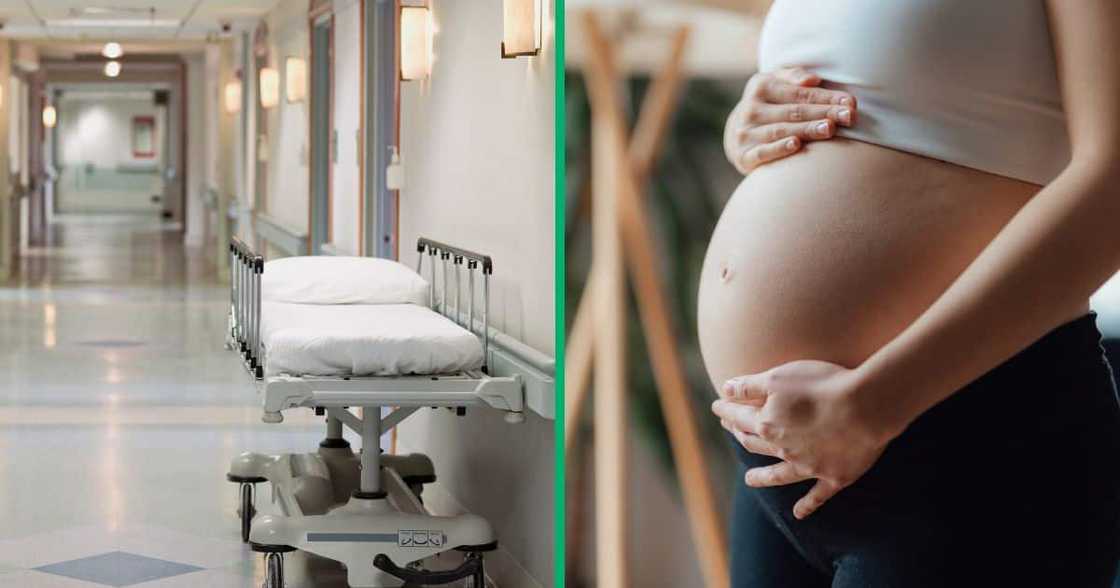 Collage image of a hospital corridor and a pregnant woman cradling her belly Collage image of a hospital corridor and a pregnant woman cradling her belly