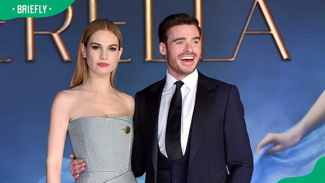 Lily James and Richard Madden during the UK Premiere of "Cinderella" at Odeon Leicester Square