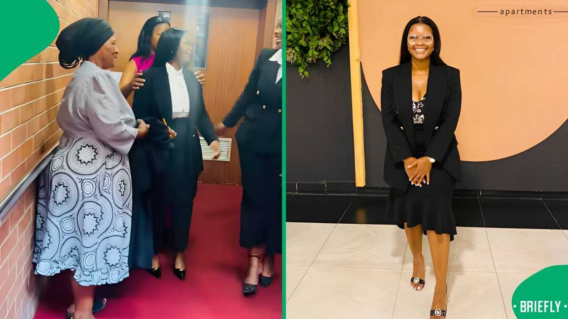 The proud mom was carrying her daughter's lawyer gown as they stepped into the passage The proud mom was carrying her daughter's lawyer gown as they stepped into the passage