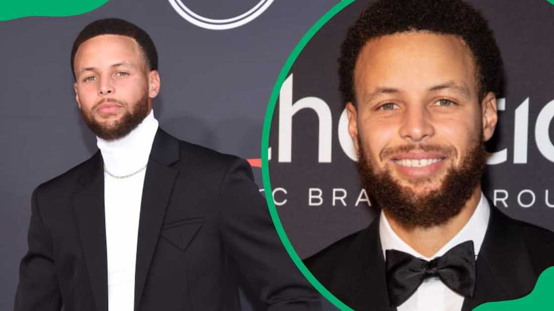 Steph Curry in a black coat and white pull neck sweater (L). Steph Curry in a black coat, black bow tie and white shirt (R). Steph Curry in a black coat and white pull neck sweater (L). Steph Curry in a black coat, black bow tie and white shirt (R).
