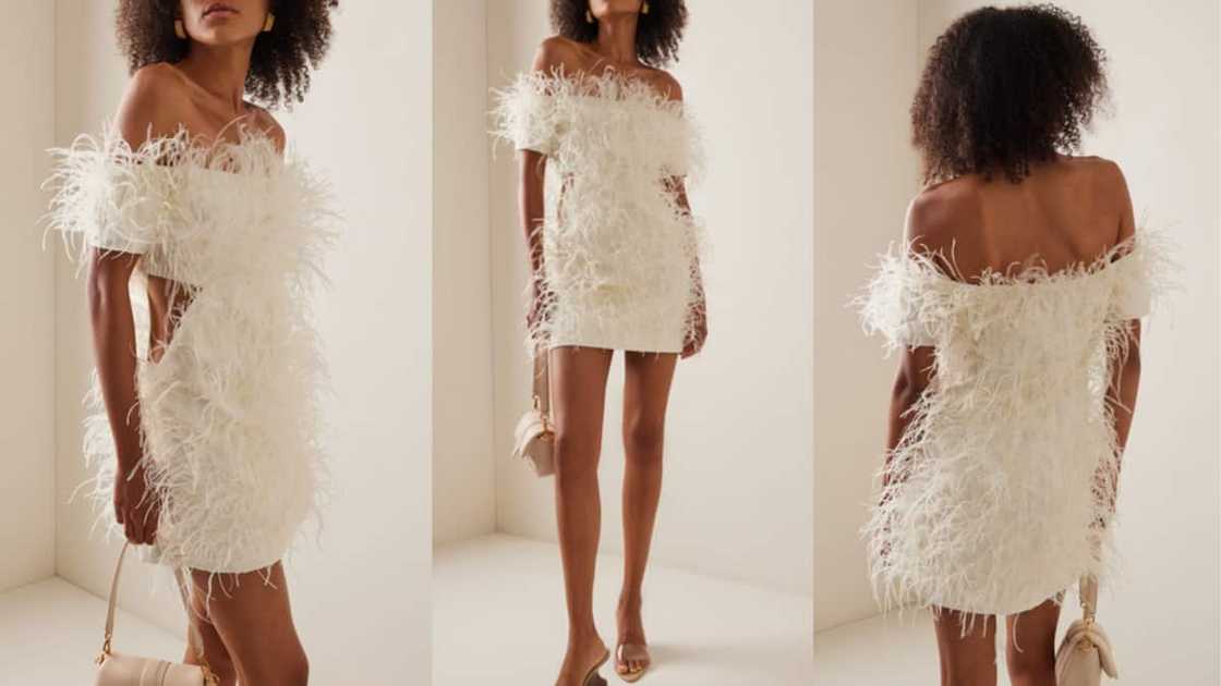Off-shoulder feather-embellished cutout mini Off-shoulder feather-embellished cutout mini