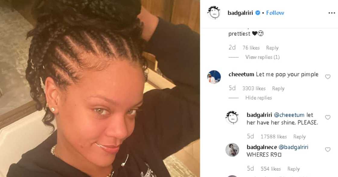 Rihanna gives funny reply to online troll commenting on her pimple