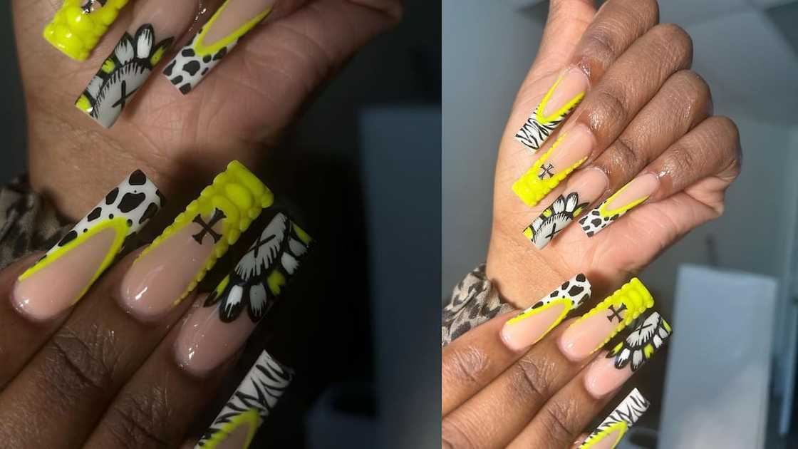 Clear with yellow, black, and white tips Clear with yellow, black, and white tips