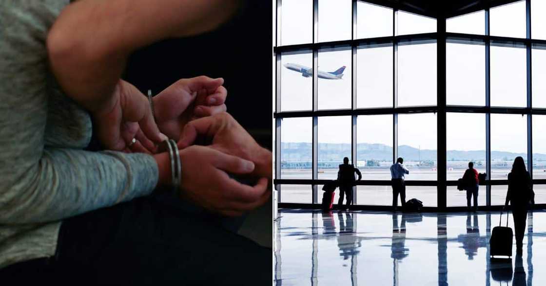 A woman is arrested and people at an airport A woman is arrested and people at an airport