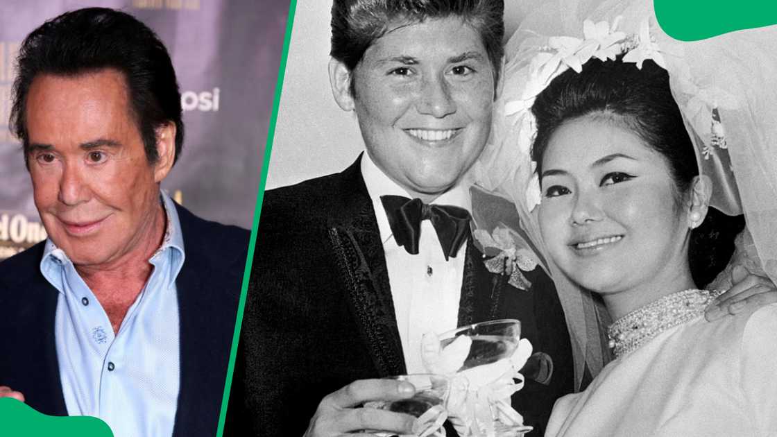 Wayne Newton at The Cromwell Las Vegas in 2019 (L). The singer and Elaine Okamura during their 1968 wedding ceremony (R)