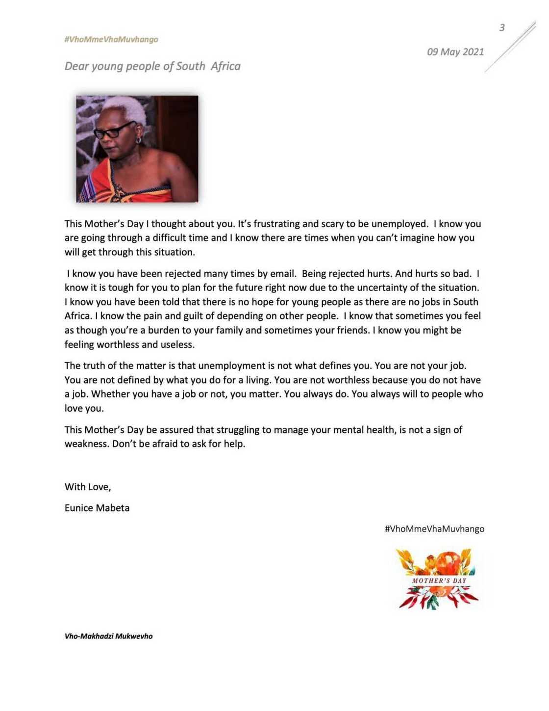 Muvhango mothers write letters to the youth in commemoration of Mother's Day Muvhango mothers write letters to the youth in commemoration of Mother's Day
