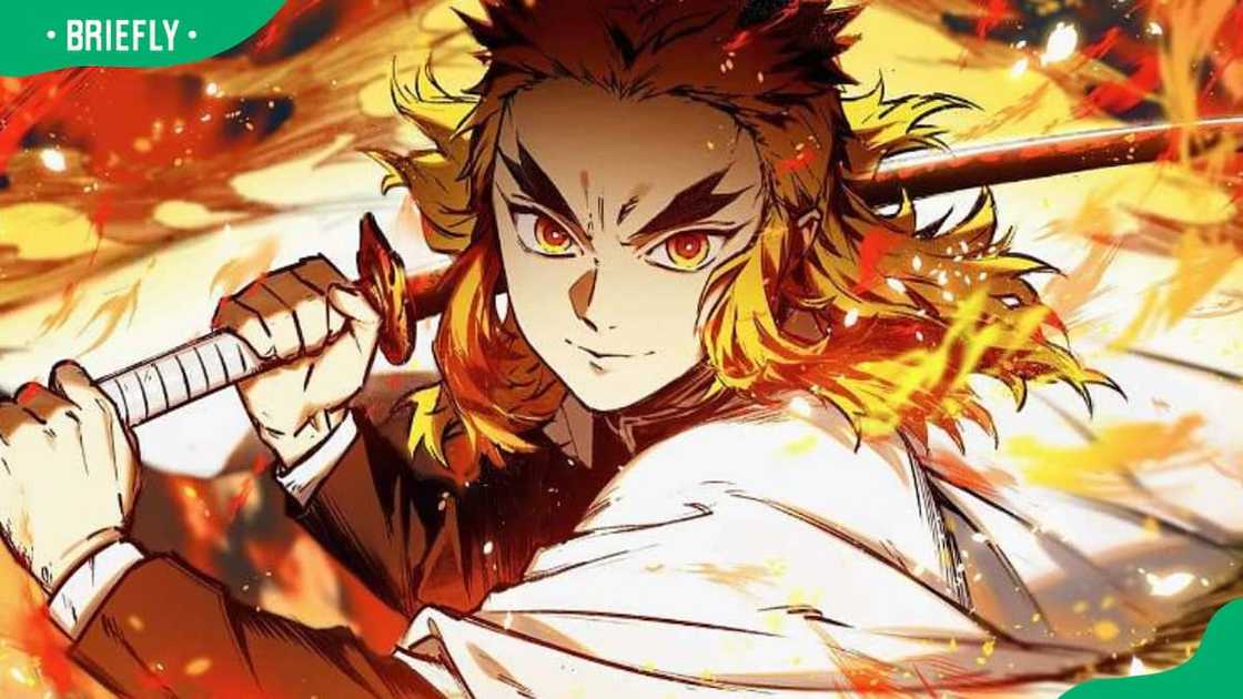 Kyojuro Rengoku striking with a sword Kyojuro Rengoku striking with a sword